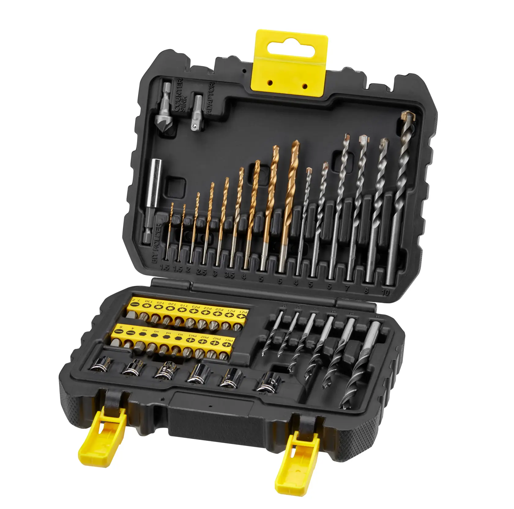 STANLEY STA88546 drill and screwdriver bit set in black hard case with yellow latches, assorted bits organized inside.