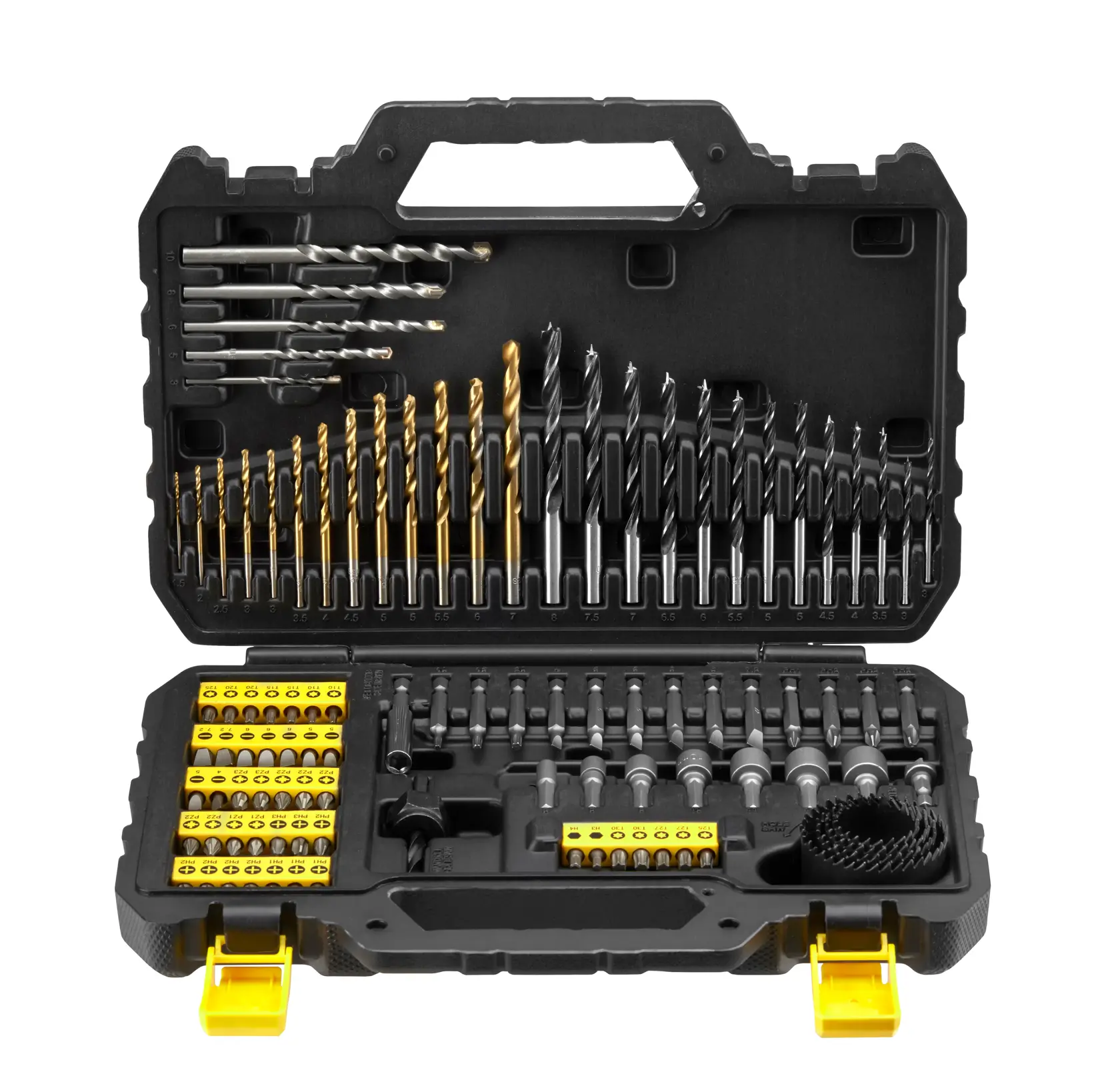 STANLEY STA88548 coffret de forets et embouts, set de 100 pièces titane dans une mallette rigide noire, vue de face.