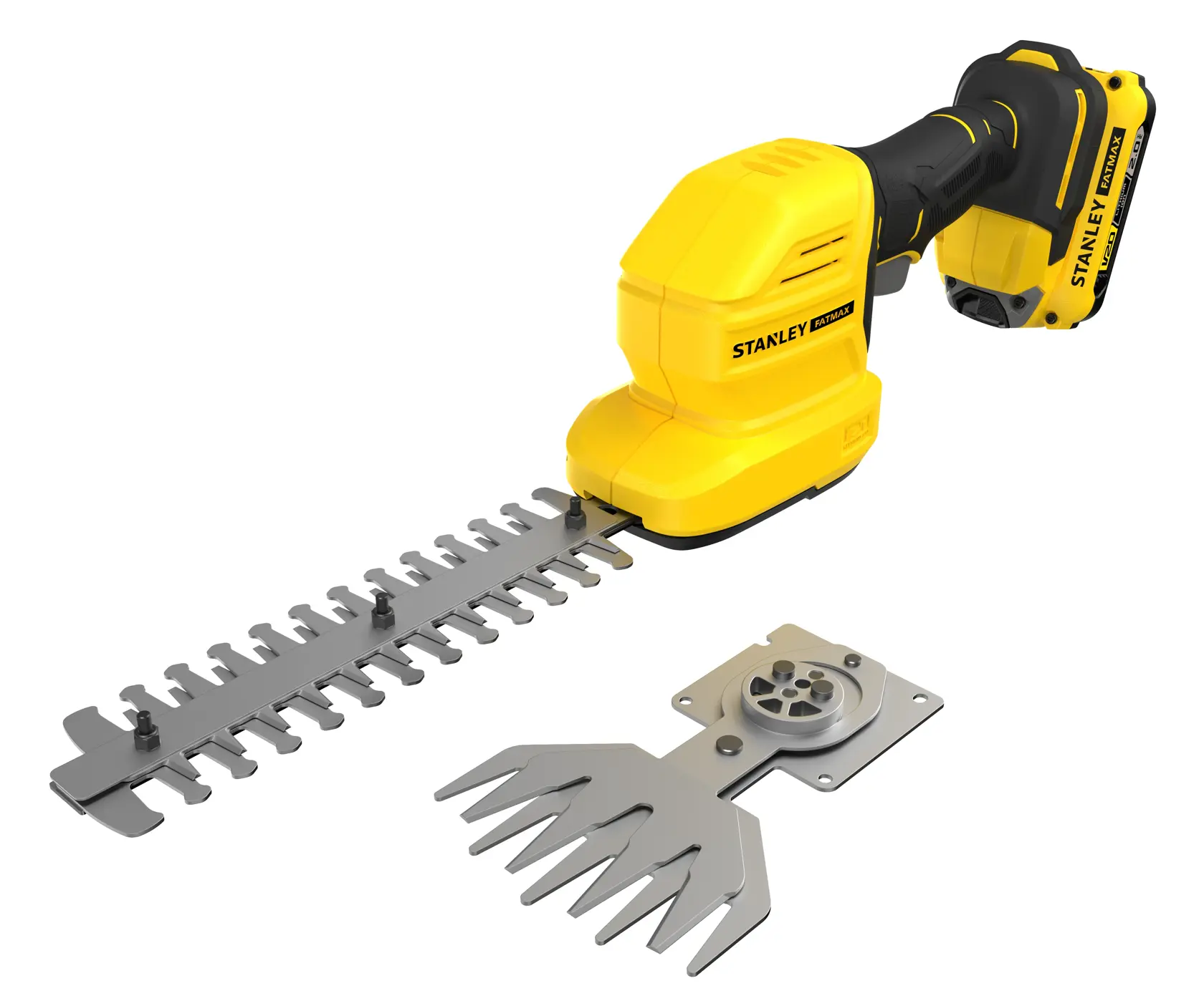 STANLEY STCSS20D1 taille-haie sans fil avec corps jaune, poignée noire et deux lames métalliques, vue avant.