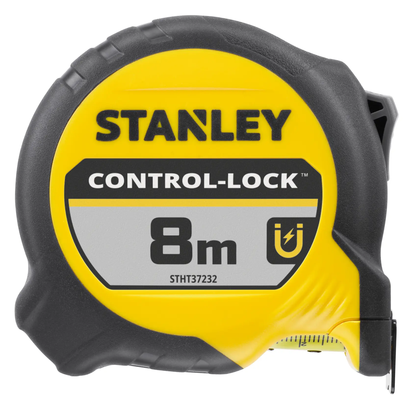 STANLEY STHT37232-0 mètre ruban, jaune et noir, 8m CONTROL-LOCK, angle avant, photographie.