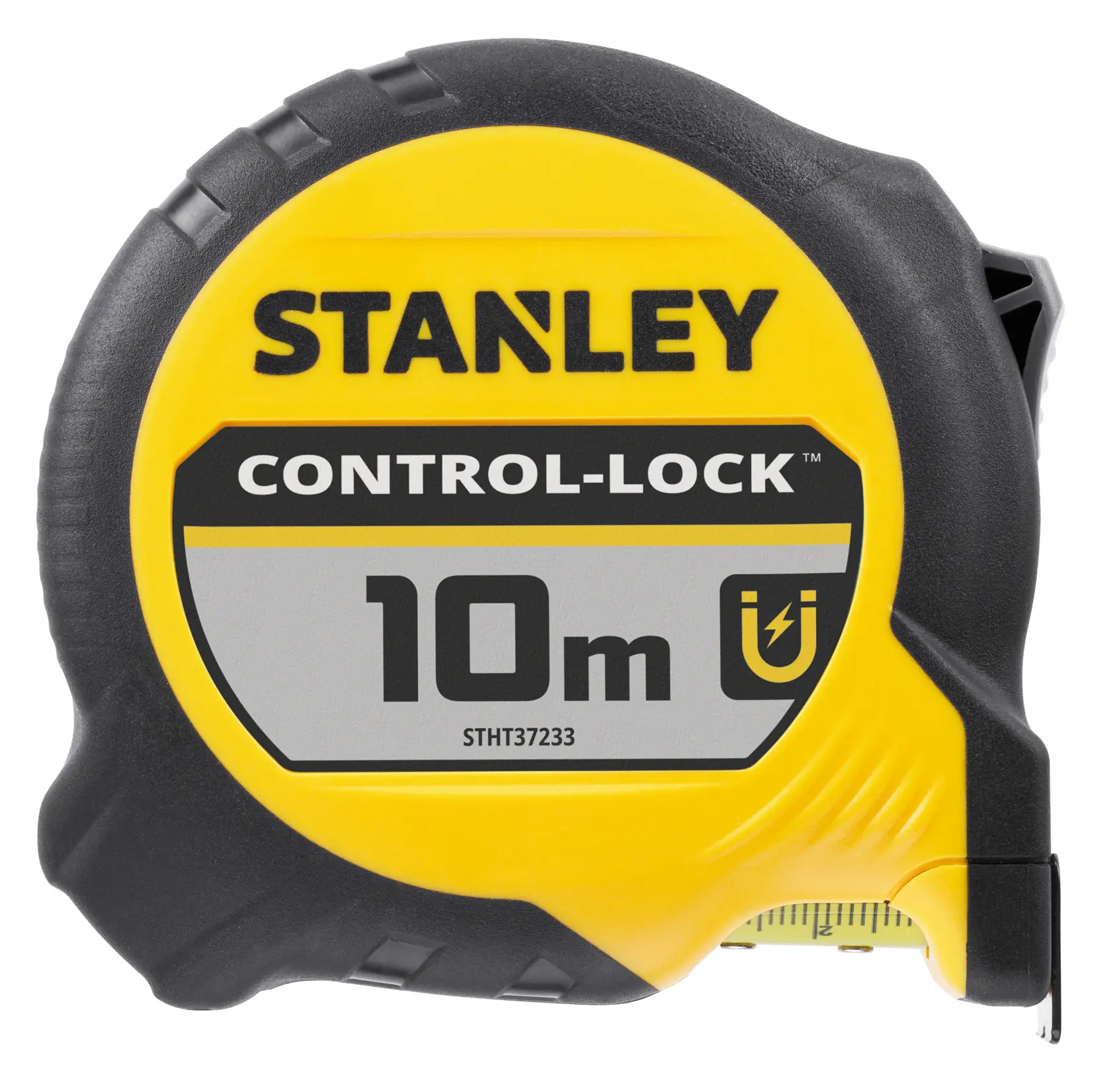 Photo du mètre ruban STANLEY STHT37233-0, 10m Control-Lock, jaune et noir vue de face.