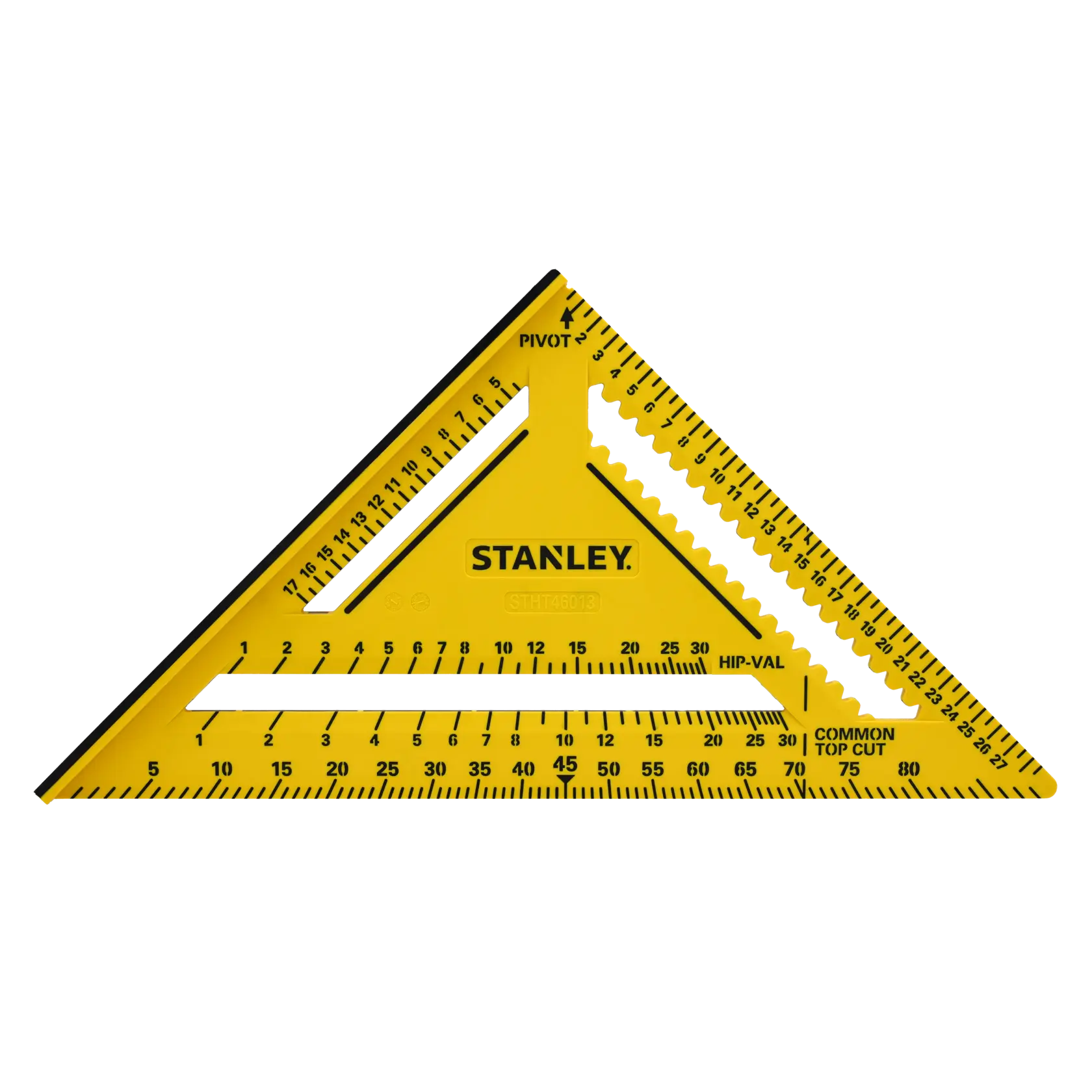 STANLEY STHT46013-0 équerre de charpentier en plastique jaune avec marquages noirs, vue de face sur fond blanc.