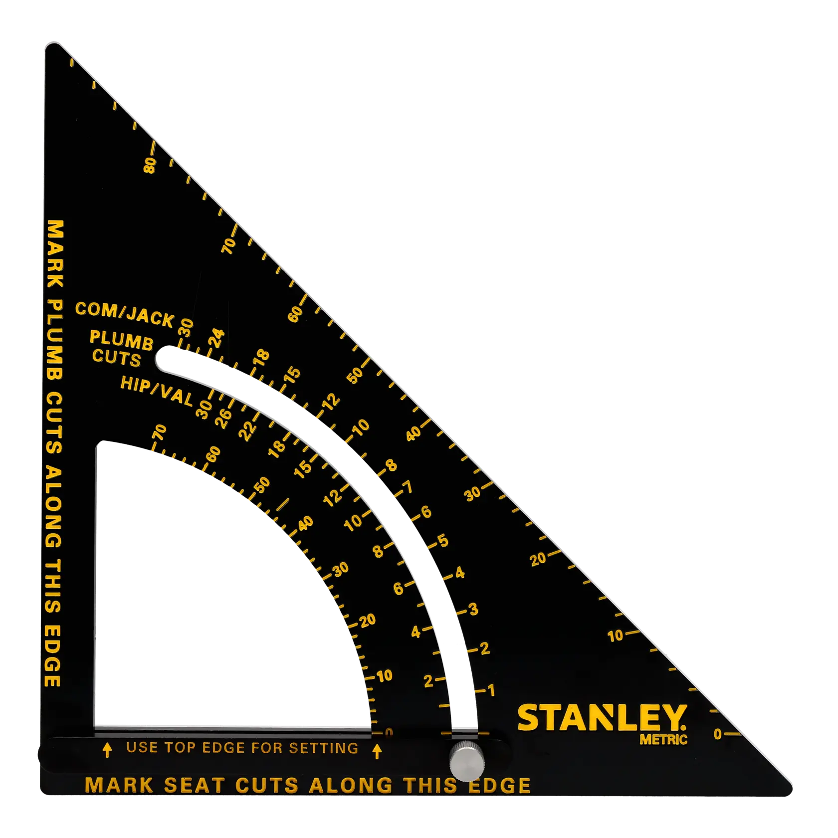 Équerre de charpentier métrique noire et jaune STANLEY STHT46054-0, vue latérale, graduations et fente de rapporteur.