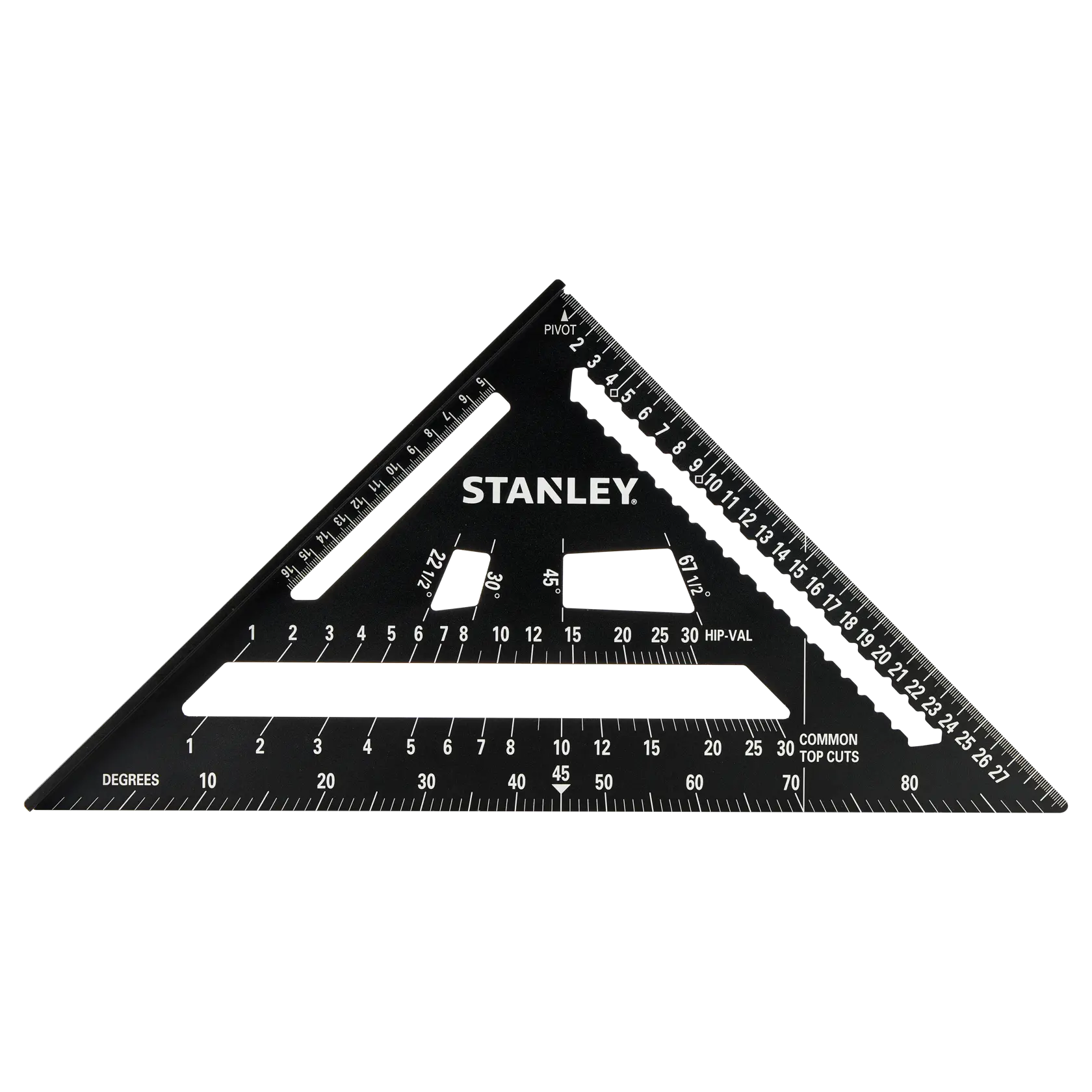 STANLEY STHT46102-0 photographie d'une équerre à toit noire triangulaire avec marques de mesure blanches, vue de face.