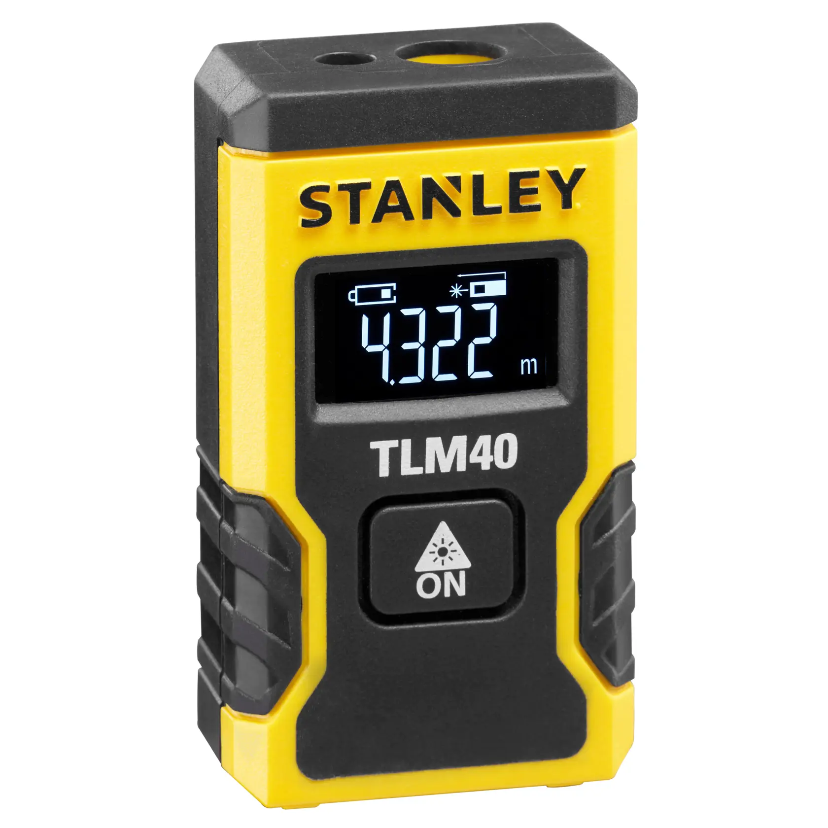 STANLEY STHT77666-0 télémètre laser TLM40, jaune et noir, vue de face, écran LCD affichant 4,322 m.