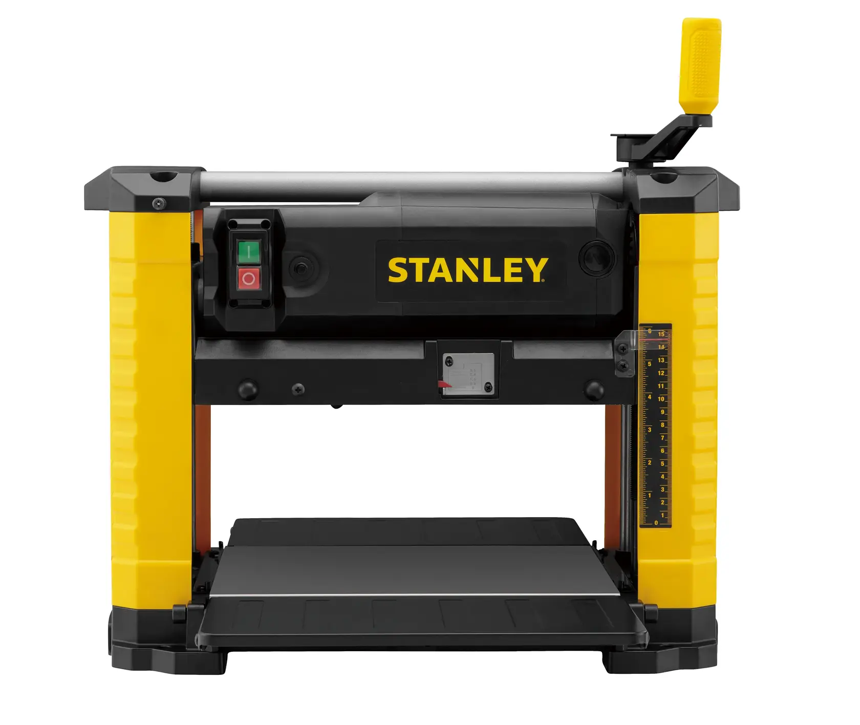 Raboteuse STANLEY vue de face, jaune-noir, SKU STP18-B2, STP18-BR, STP18-AR, STP18-QS, STP18-B3, STP18.