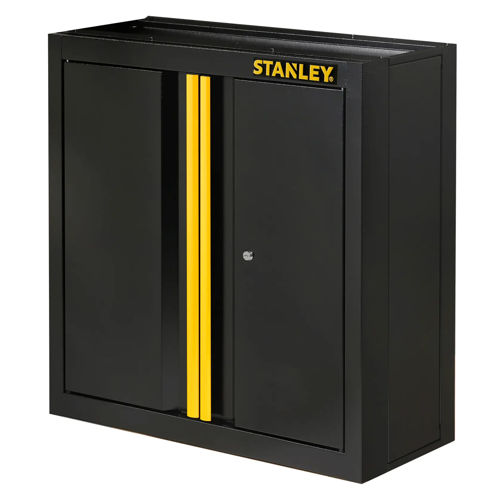 Armoire murale noire STANLEY avec accents jaunes et deux portes, conçue pour stockage et organisation.